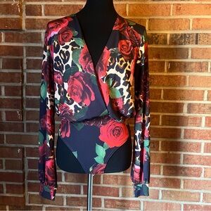 Flounce London Thong Bodysuit Plunge Multi Floral Cheetah NWT Size UK 10 US 6